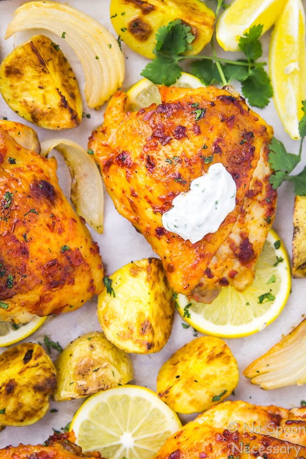 Overhead, up-close shot of a Harissa Chicken thigh topped with herbed yogurt; there are Onions, Potatoes, lemon slices and more chicken thighs surrounding the shot.