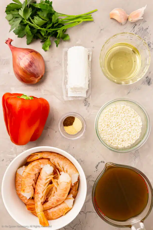 Overhead photo of the ingredients in shrimp risotto recipe
