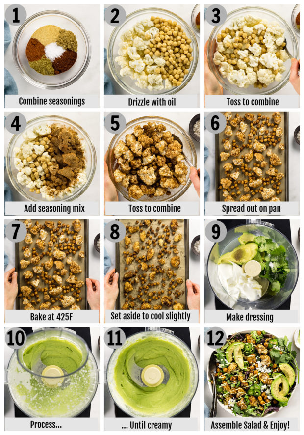 Overhead photo collage of how to make roasted cauliflower salad step by step with written instructions on each step.