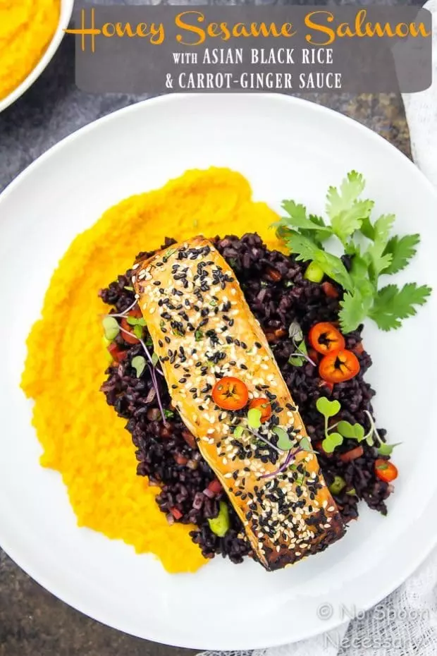 Overhead shot of Honey Sesame Salmon & Asian Black Rice Salad with carrot-ginger sauce on a white plate garnished with fresh cilantro.