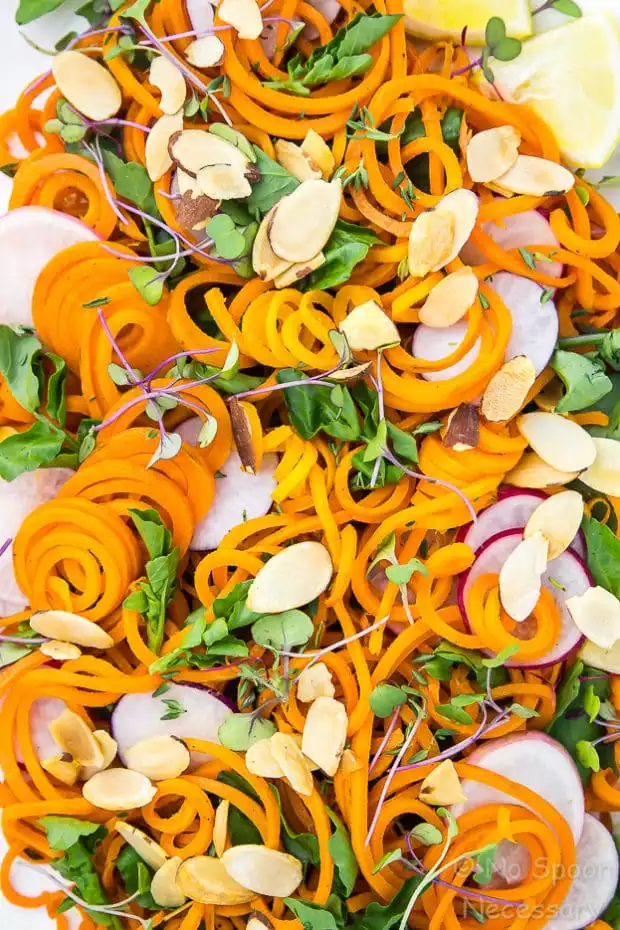 Spring Roasted Carrot Noodle Salad with Radishes, Watercress & Thyme Vinaigrette