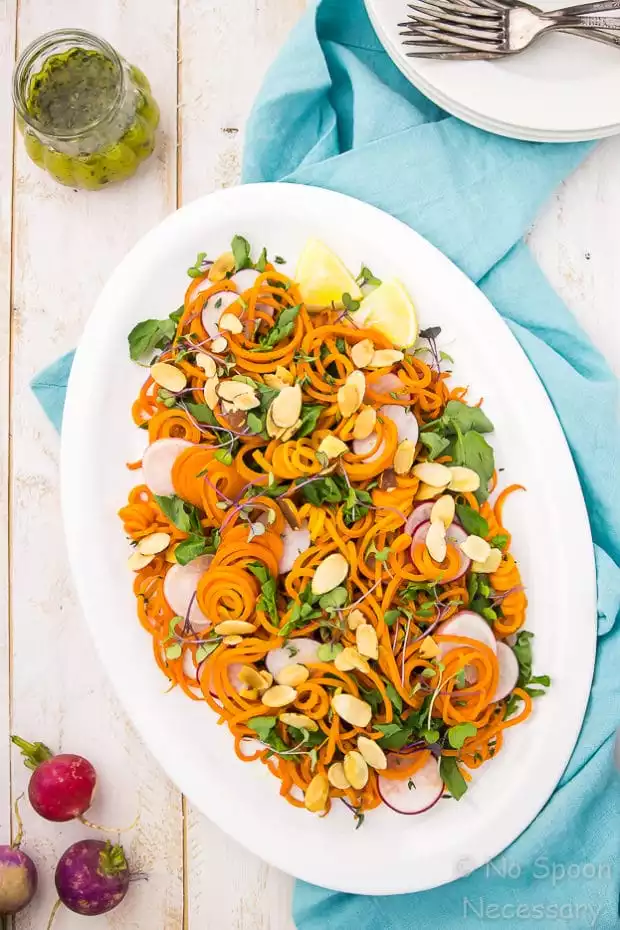 Spring Roasted Carrot Noodle Salad with Radishes, Watercress & Thyme Vinaigrette