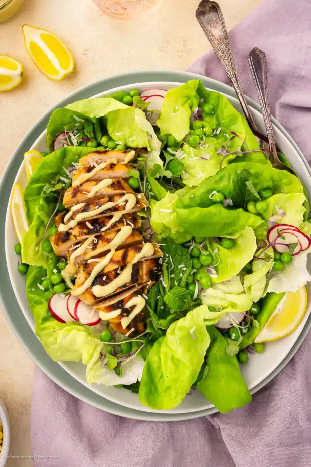 Overhead photo of a leafy green salad with fresh peas and grilled chicken on a dinner plate.