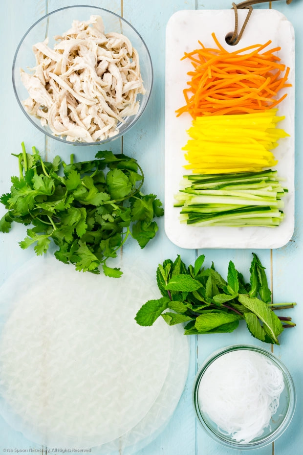 Overhead photo of all the ingredients needed to make chicken fresh spring rolls recipe neatly organized by individual ingredient on a pale blue wood surface.