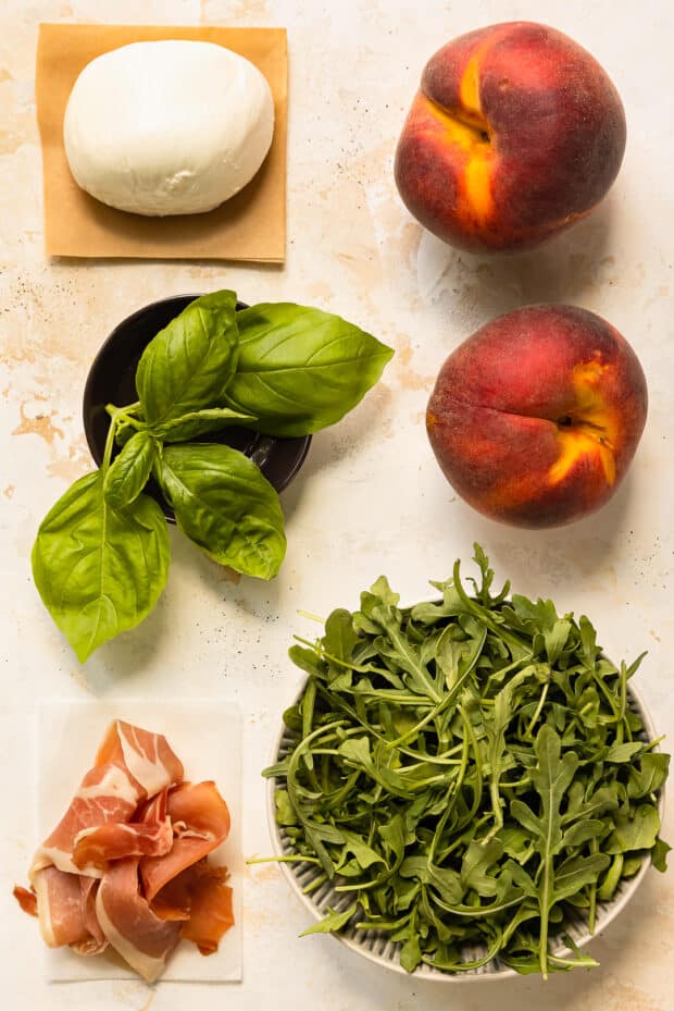 Overhead photo of all the ingredients in peach salad recipe.
