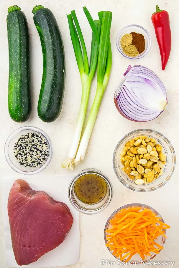 Overhead shot of ingredients to make Spicy Sesame Crusted Tuna and Thai Zucchini Salad