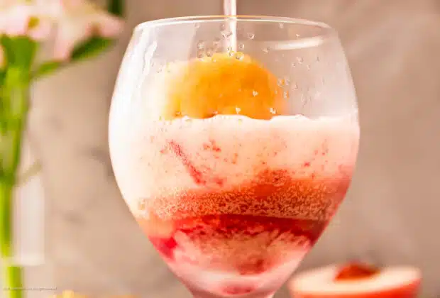 Straight on photo of a wine float with sorbet and rose.