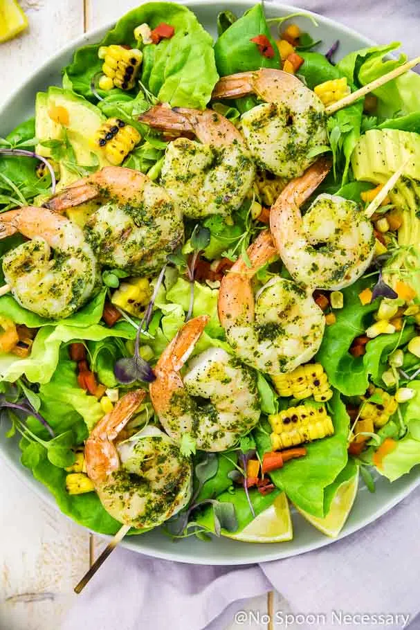 chimichurri grilled shrimp salad with corn and peppers