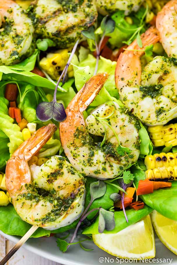 chimichurri shrimp skewer on summer salad