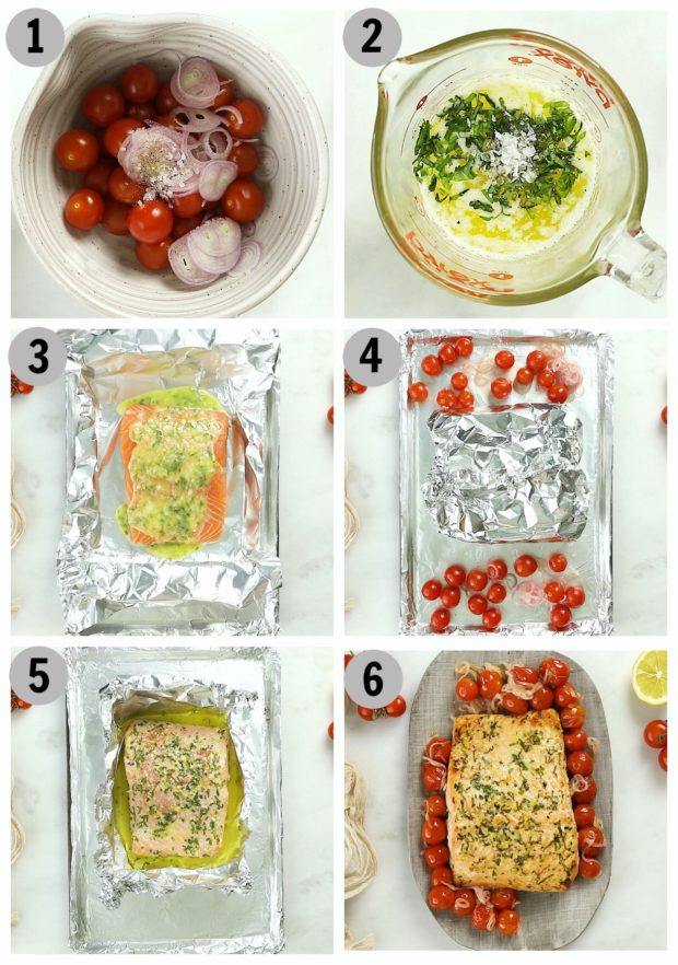 Overhead photo collage showing how to make baked butter salmon in foil step by step.