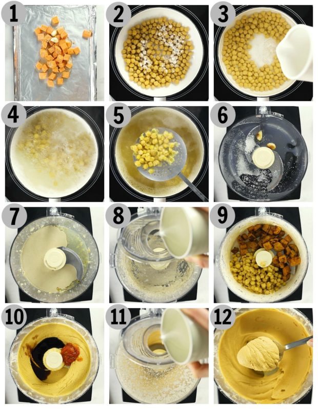 Step-by-step photo collage showing how to make recipe for sweet potato hummus.