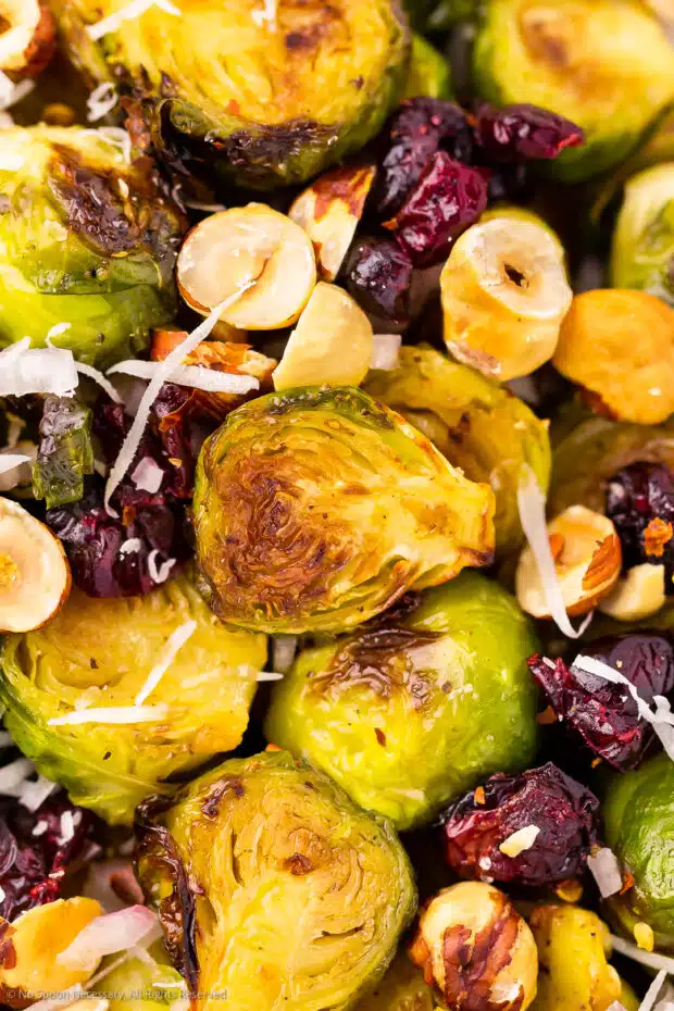 Close-up photo of maple glazed brussel sprouts.