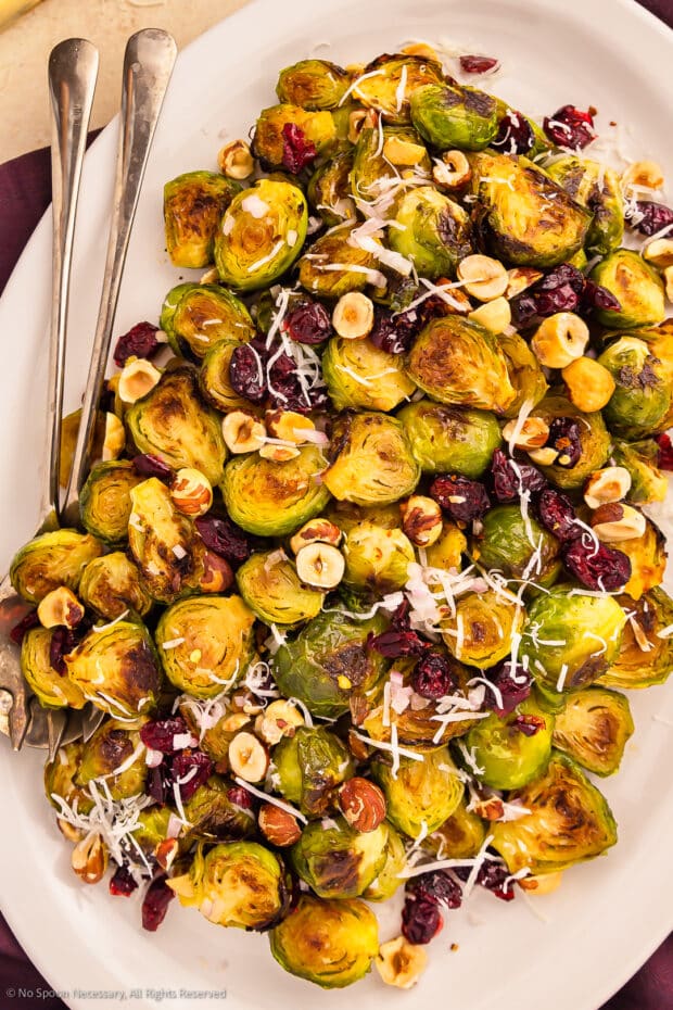 Photo of maple roasted brussels sprouts on a serving platter.