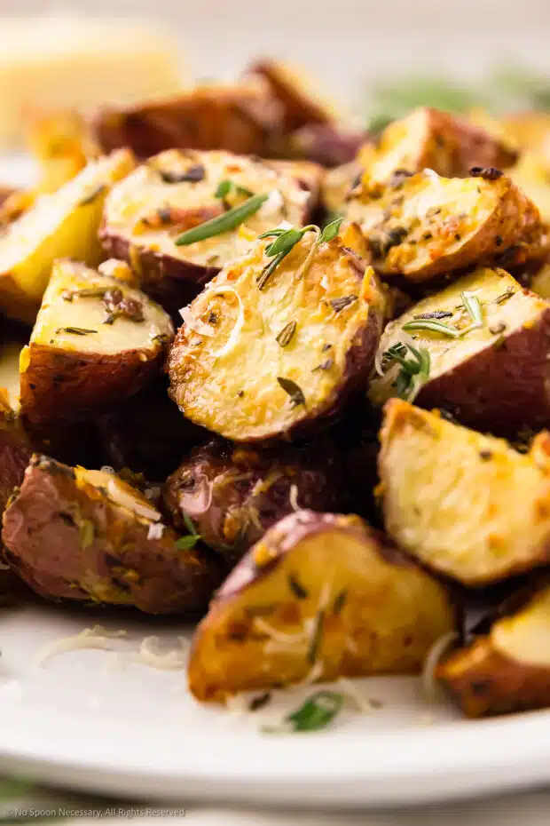 Close-up photo of the skin on a roasted red potato.