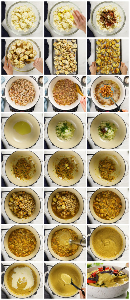 Overhead photo collage of how to make healthy roasted cauliflower soup step by step with written instructions on each step.