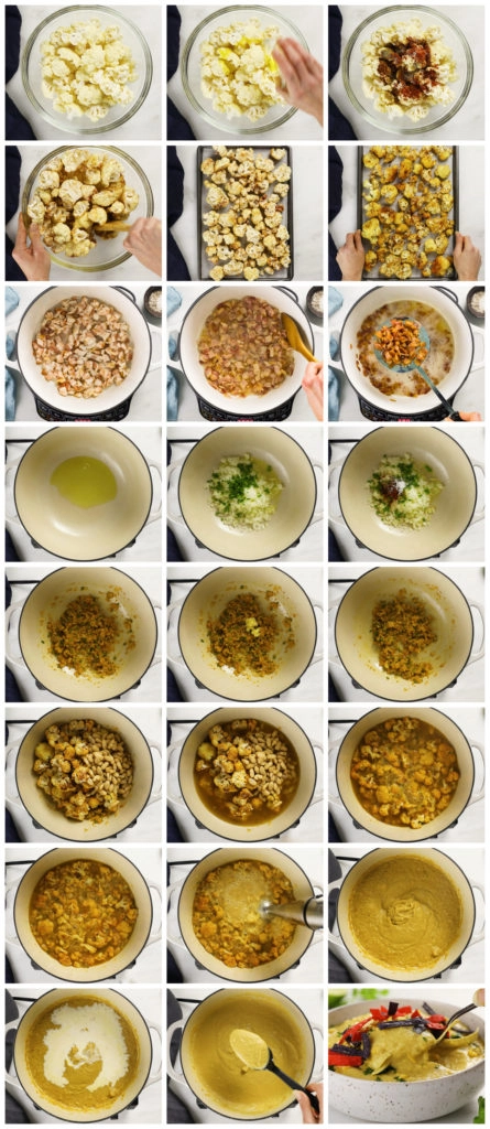 Step-by-step photo collage illustrating how to make roasted cauliflower soup recipe at home. 
