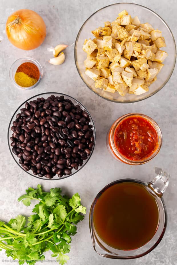 Overhead photo of the ingredients in chicken and black bean soup.