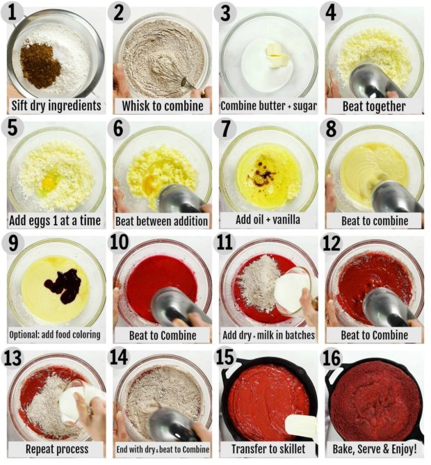 Overhead photo collage of how to make chocolate velvet cake step by step with written instructions on each individual step.