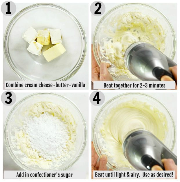 Overhead photo collage of how to make cream cheese frosting for velvet cake with written instructions on each individual step.