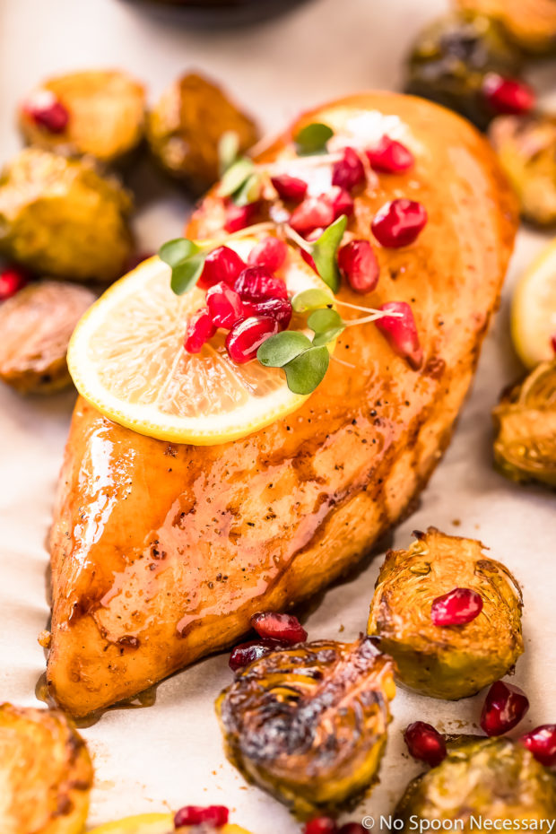 Overhead, up-close shot of a Honey Balsamic Chicken Breast with Brussels Sprouts garnished with lemon slices, pomegranate arils and micro greens.