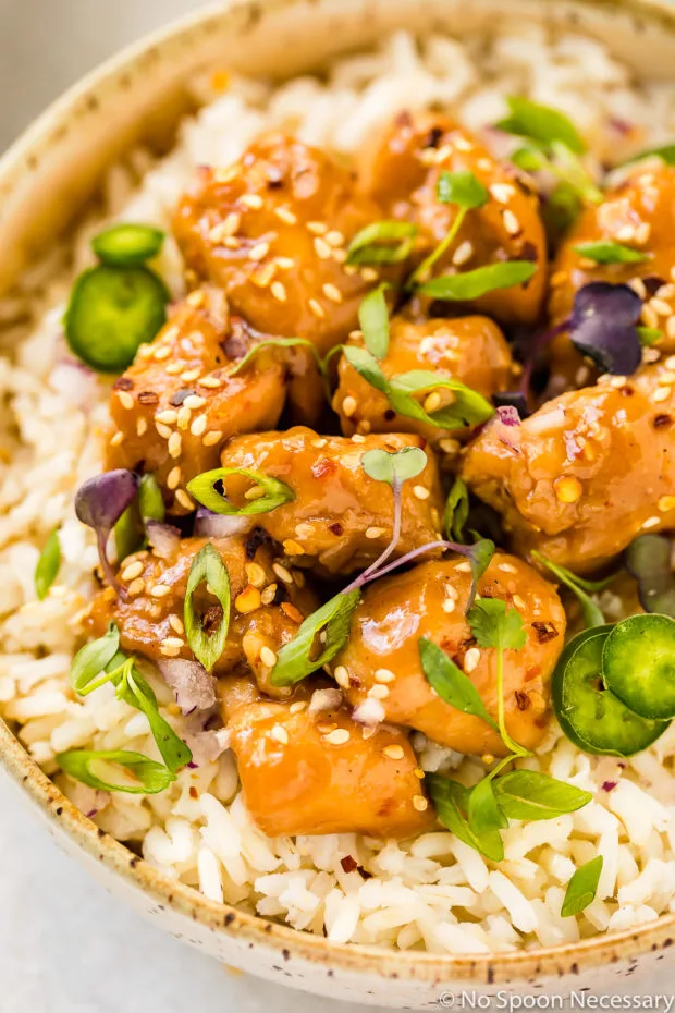 Overhead, up-close shot of a neutral colored bowl filled with rice, topped with Slow Cooker Bourbon Plum Chicken and garnished with sliced scallions, sliced jalapeños and fresh micro greens.