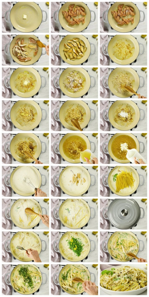 Overhead photo collage of how to make creamy lemon chicken pasta step by step with written instructions on each step.