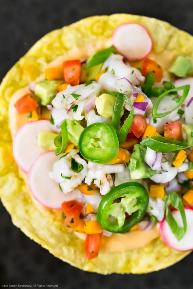 Overhead, close-up photo of Shrimp Ceviche on a crispy tostada - photo showcasing how shrimp ceviche should look once 'cooked'