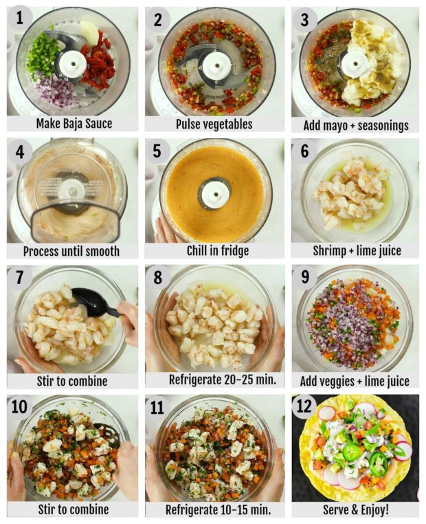 Overhead photo collage of how to make shrimp ceviche step by step with written instructions on each step.