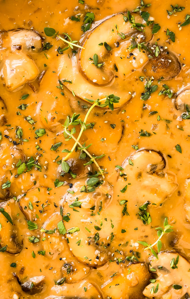 Overhead extreme close-up photo of creamy mushroom sauce with fresh herbs.