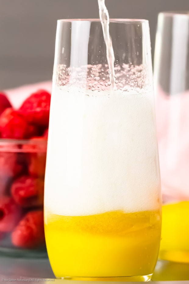 Close-up, straight on photo of fruit juice and fizzy champagne bubbles in a champagne flute.