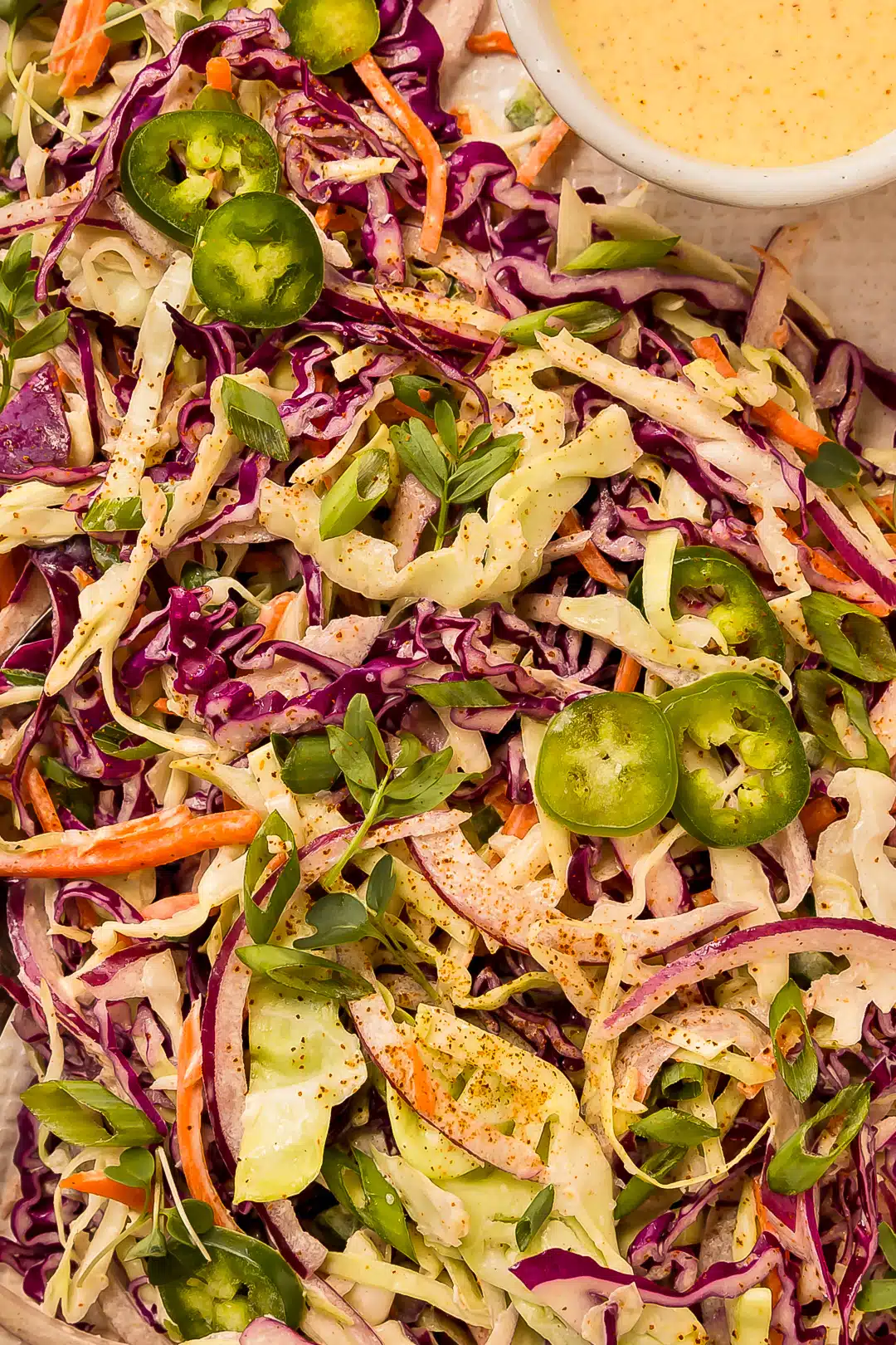 Close-up photo of spicy coleslaw drizzled with a tangy mayo dressing.