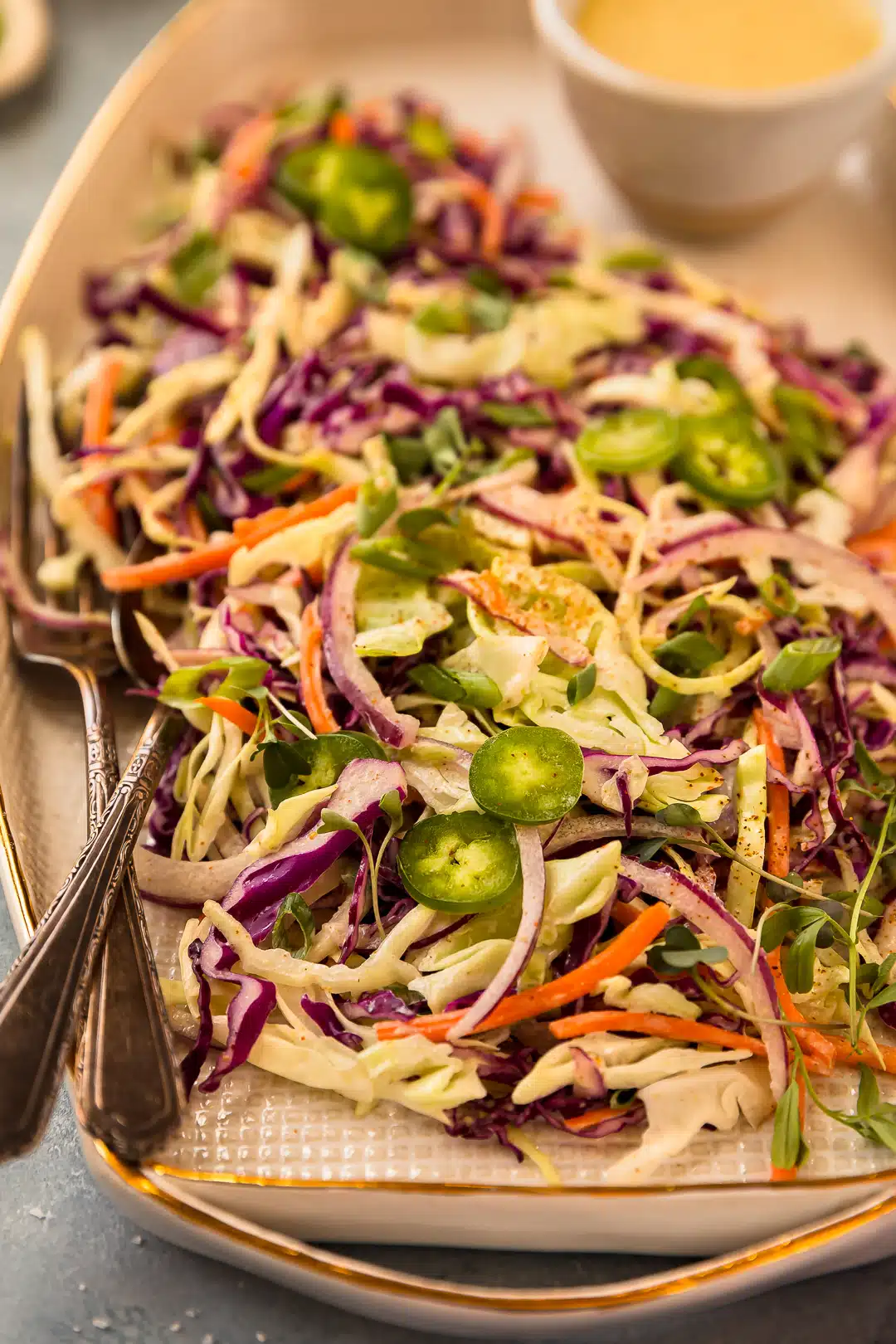 Angled photo illustrating the crunchy texture of jalapeno slaw with cilantro, cabbage, carrots, and red onions.