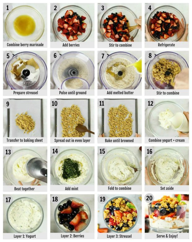 Overhead photo collage of how to make a parfait at home step by step with written instructions on each step.