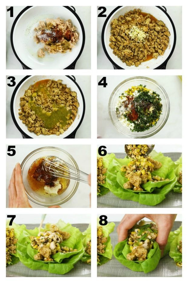 Overhead collage step-by-step photos how to make Mexican lettuce wraps.