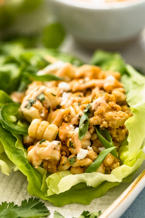 Up close, angled shot of a Mexican Lettuce Wrap garnished with creamy sauce and sliced scallions on a white platter.
