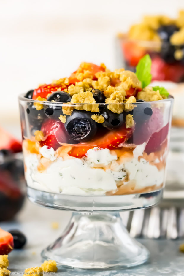 Straight on shot of a Fruit and Yogurt Parfait - which consists of layers of mint whipped yogurt, macerated fruit and graham cracker streusel - in a small parfait glass, with an additional parfait and small bowl of fruit blurred in the background.