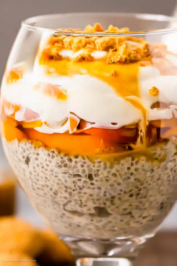 Close-up photo of chia fruits pudding with fresh peaches.