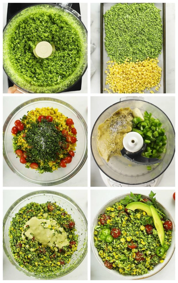 Overhead photo collage of step by step how to make broccoli tabbouleh.