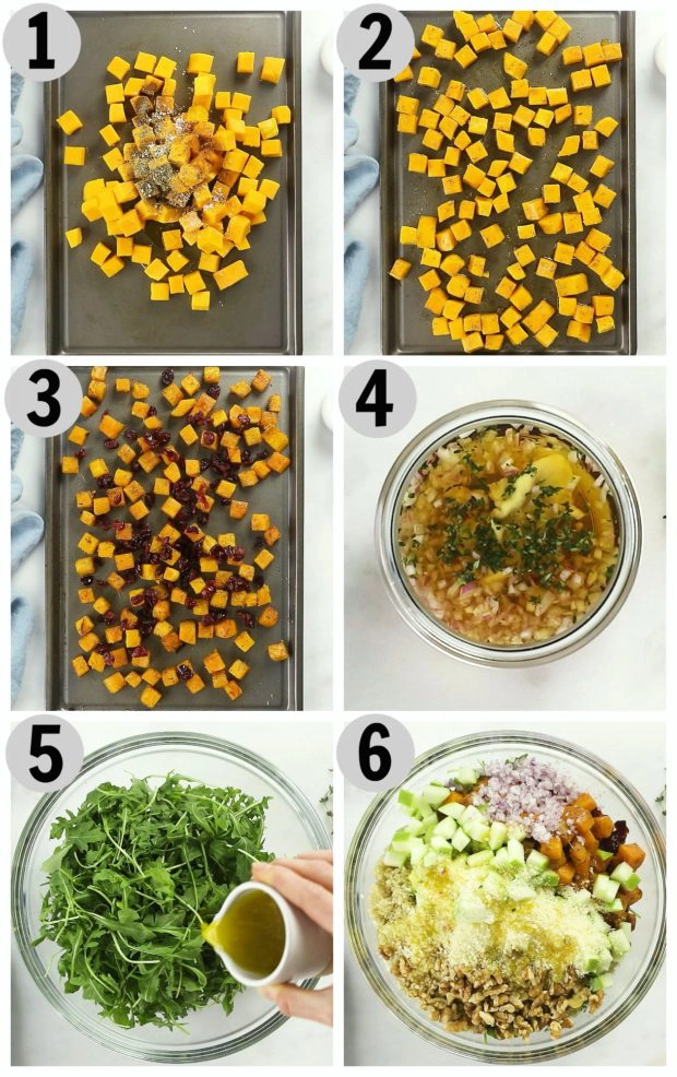 Step-by-step photo collage showing how to make butternut squash salad.