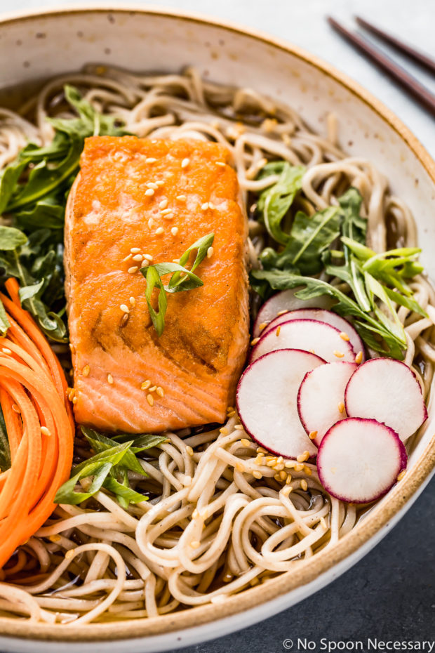 closeup of salmon and veggies over noodles