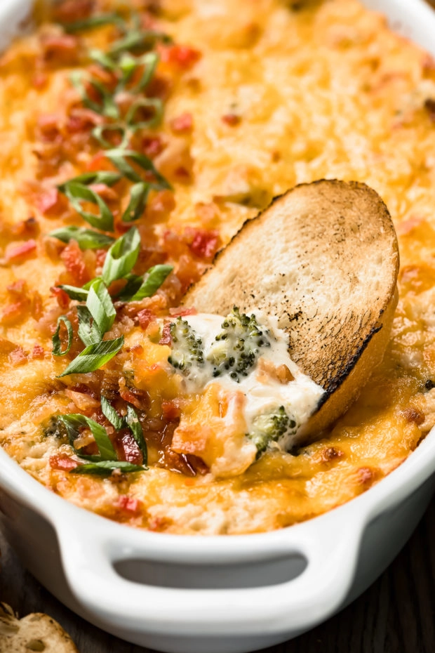 Angled, close-up photo of Hot Dip with broccoli and bacon in a white oval baking dish with a toasted slice of baguette inserted into the dip showcasing the warm, creamy interior.