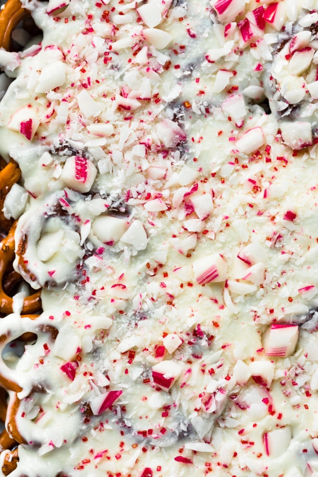 Overhead, extreme close-up photo of Christmas Peppermint Bark Candy.