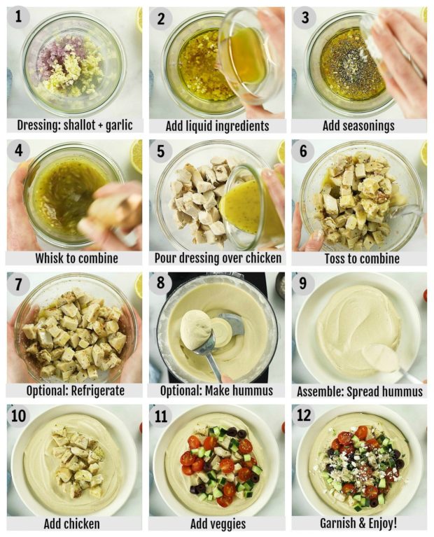 Overhead photo collage of how to make hummus bowls step by step with written instructions on each step.