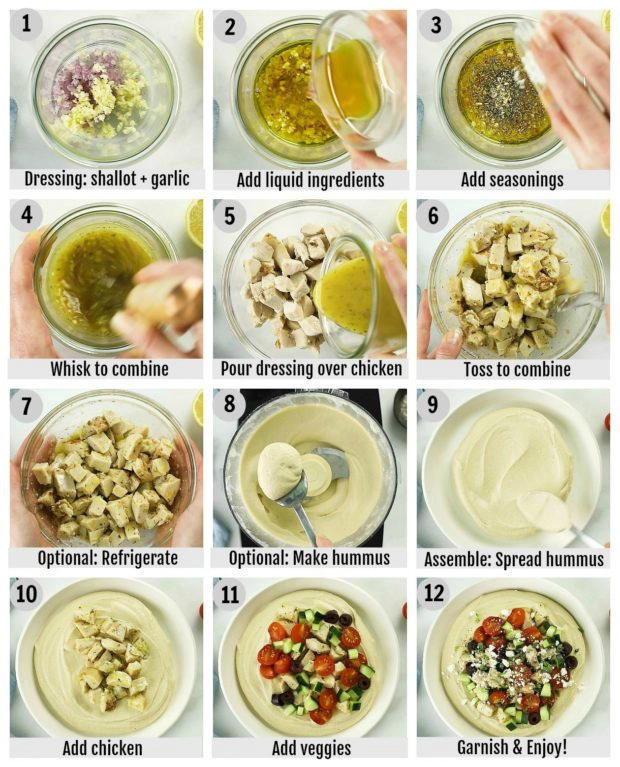 Step-by-step photo collage showing how to make hummus bowls with chicken.