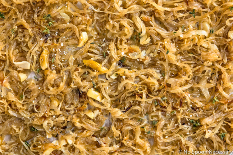 Overhead, up-close photo of Oven Caramelized Onions.