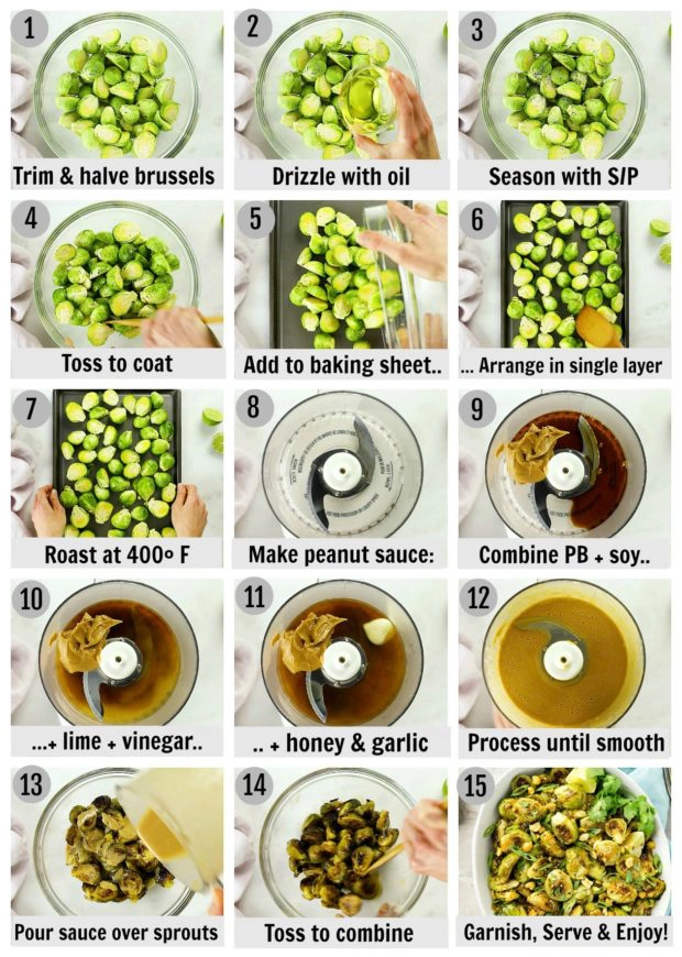 Overhead photo collage of how to roast brussels sprouts step by step with written instructions on each step.