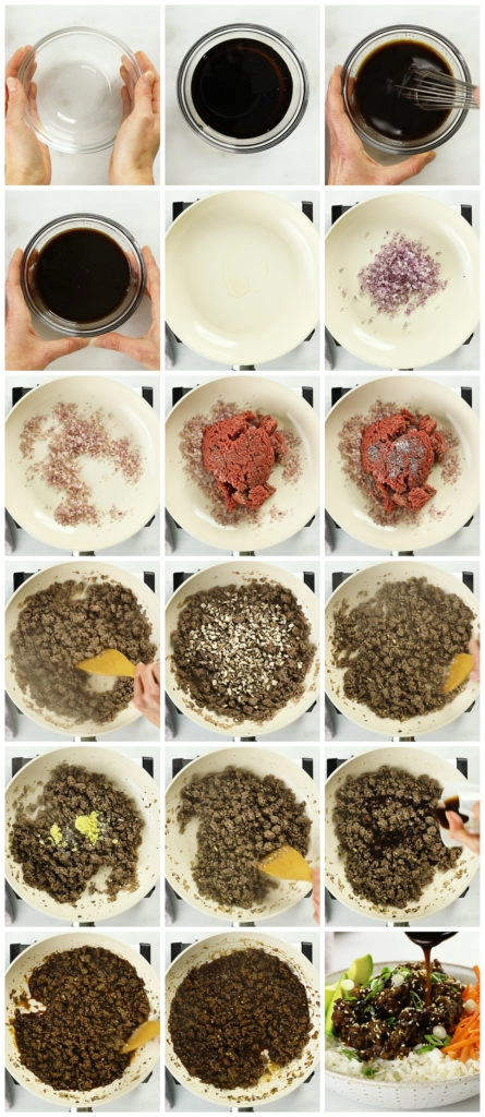 Overhead photo collage of how to make Chinese Beef Stir-fry step by step with written instructions on each step.