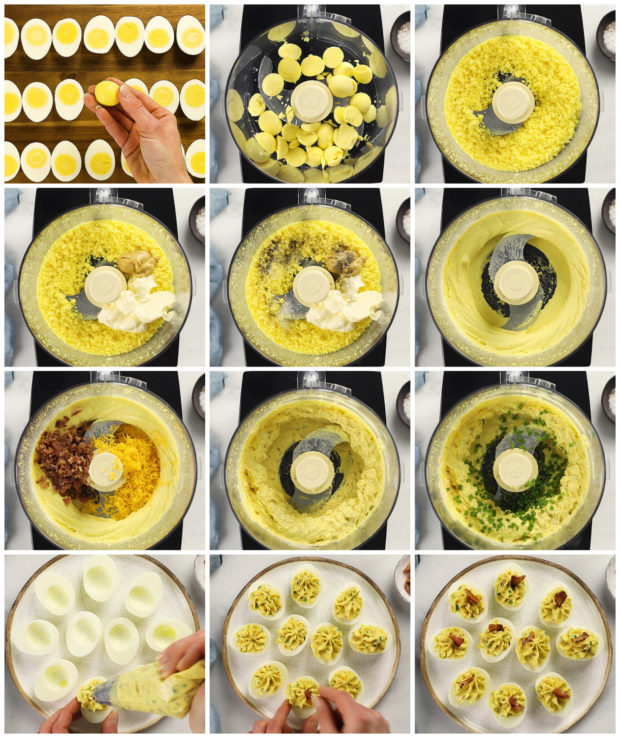 Overhead photo collage of how to make bacon deviled eggs step by step with written instructions on each step.