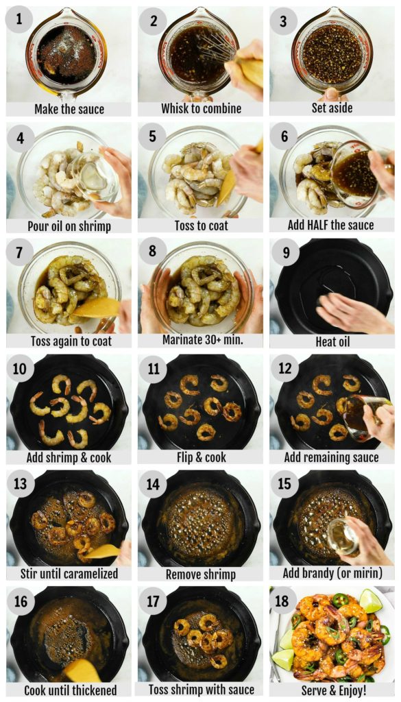Overhead photo collage of how to make honey garlic shrimp step by step with written instructions on each step.