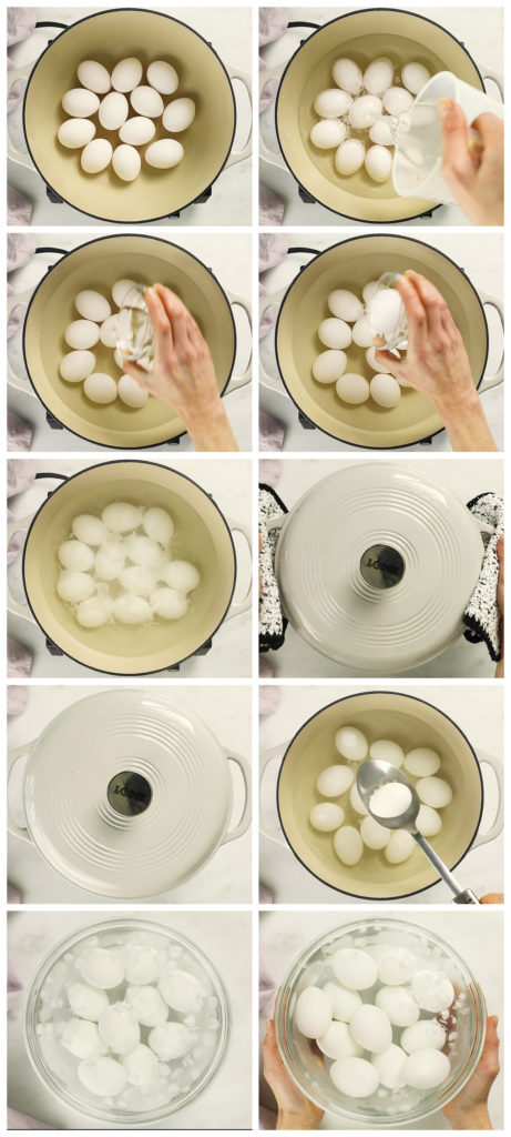 Overhead photo collage of how to make hard-boiled eggs on the stove step by step with written instructions on each step.